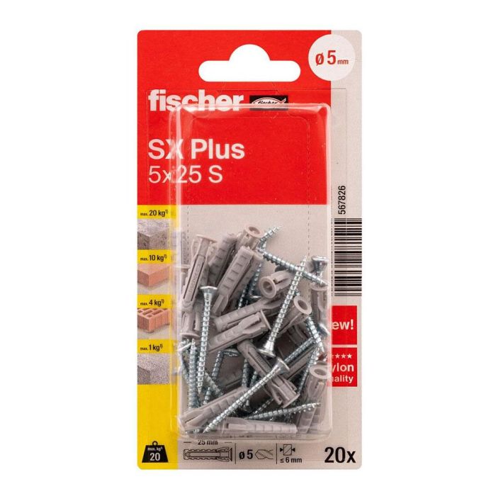 Fischer SX Plus SK NV Taco de Nylon con Tornillo Ø5x25mm / Tornillo Ø3.5x35mm para Fijación Multiuso, Blister 20 Unidades 0 Fischer SX Plus SK NV Taco de Nylon con Tornillo Ø5x25mm / Tornillo Ø3.5x35mm para Fijación Multiuso, Blister 20 Unidades 0