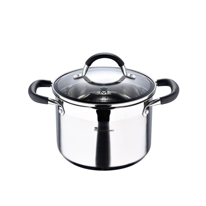 Masterpro Olla Foodies Bgmp-1505-bk 4L Acero Inoxidable Ø20x14cm, Tapa de Cristal, Doble Escurridor, Compatible con Inducción