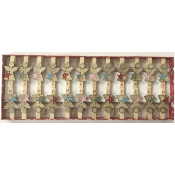 DKD Home Decor Pinza de Navidad Tradicional de Madera Roja y Verde con Ángel, Set de 24 piezas, 40x15x2 cm