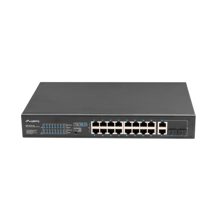 Lanberg RSFE-16P-2C-150 Switch Ethernet Gigabit No Administrado, 18 Puertos RJ-45 con PoE, Montaje en Rack 1U, Negro