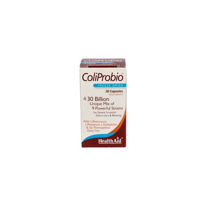 HEALTH AID Coliprobio 30 cápsulas, complemento con probióticos y prebióticos FOS para flora intestinal y defensas.
