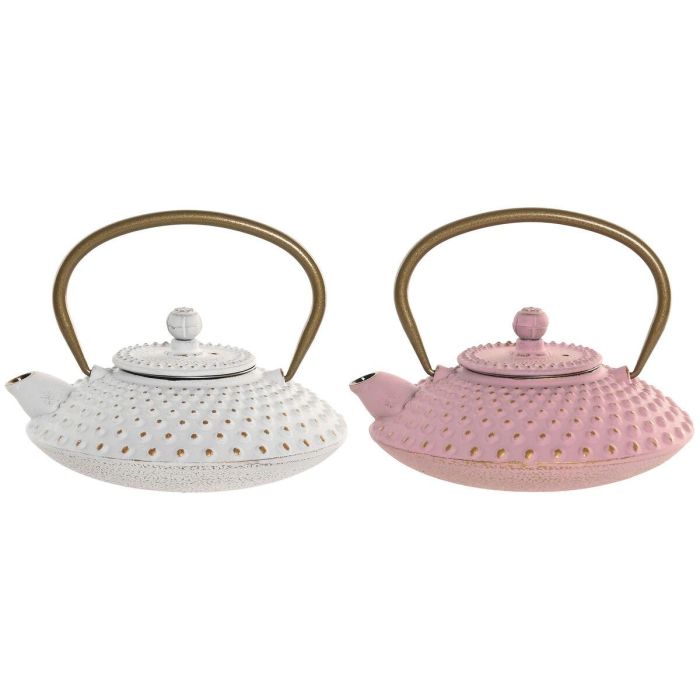 DKD Home Decor Tetera Oriental de Hierro Colado 500ml Blanca y Rosa 15.5 x 12.5 x 16 cm (2 Unidades)