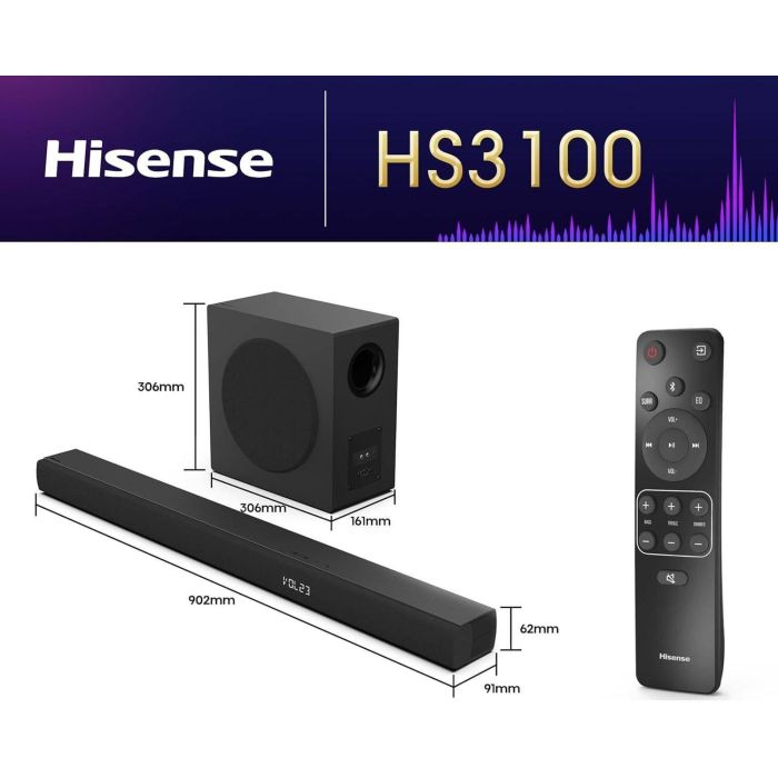 Hisense HS3100 Barra de Sonido 3.1 Canales 480W con Subwoofer Inalámbrico Activo, DTS Virtual:X y Dolby Digital Negro 3