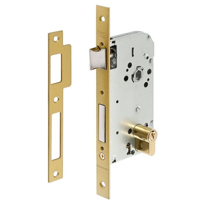 TESA 130/58C/Ae Cerradura de Embutir para Madera Entrada 50mm Distancia 70mm Frente Recto Latonada Cilindro TE5 Reversible