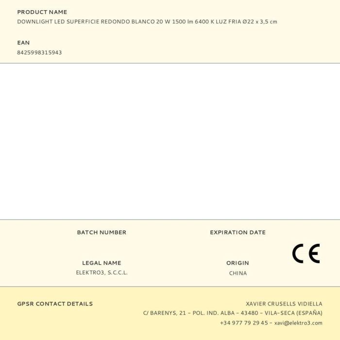 Edm - Downlight LED de superficie redondo blanco 20W 1500lm 6400K luz fría IP20, Ø22x3.5cm, 220-240V Edm - Downlight LED de superficie redondo blanco 20W 1500lm 6400K luz fría IP20, Ø22x3.5cm, 220-240V