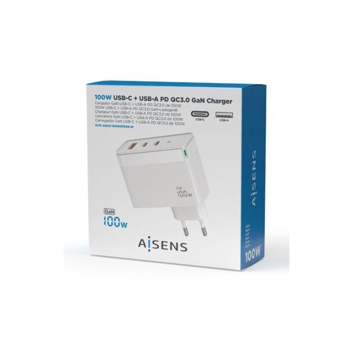 Aisens Cargador GaN 100W con 2 USB-C PD3.0 QC4.0 QC5.0 y 1 USB-A QC3.0, Blanco 4 Aisens Cargador GaN 100W con 2 USB-C PD3.0 QC4.0 QC5.0 y 1 USB-A QC3.0, Blanco 4