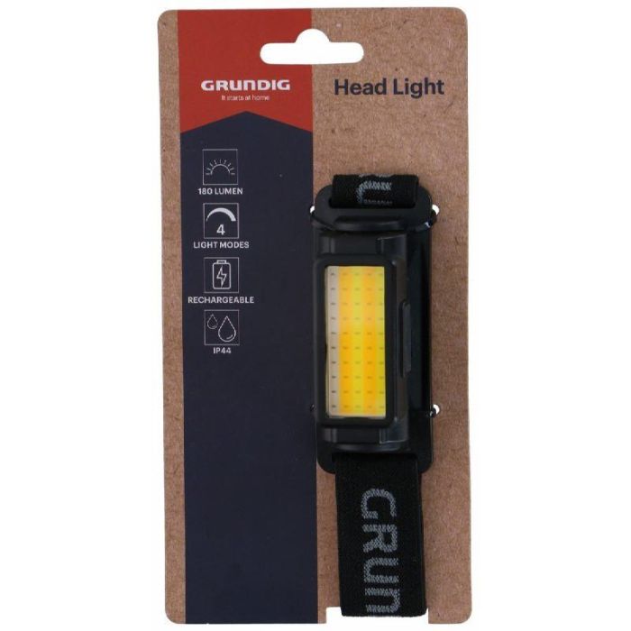 Grundig Linterna Frontal LED Recargable, 180 Lúmenes, Luz Blanca, Ideal para Senderismo y Running, Modelo de Referencia