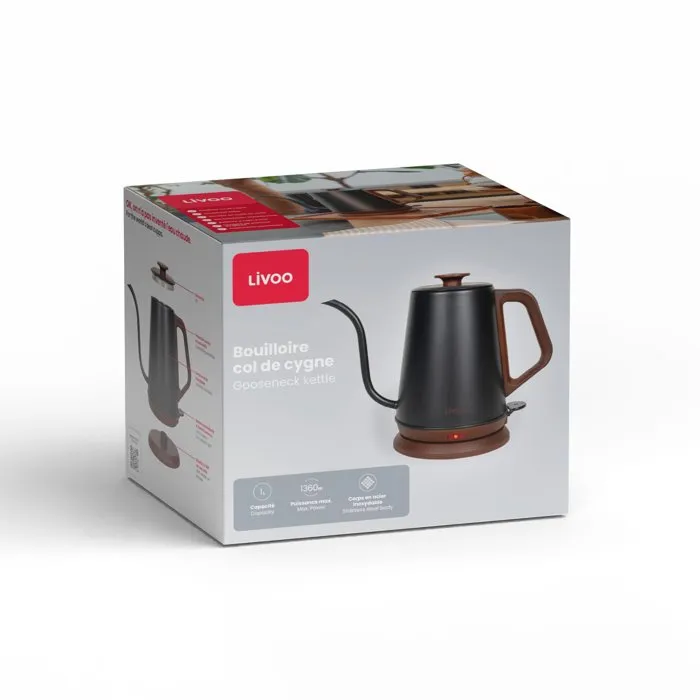 Livoo Hervidor Eléctrico DOD206, Cuello de Cisne, 1360W, 1L, Base Giratoria 360°, Color Negro/Marrón, para una Cocina Práctica y Eficiente