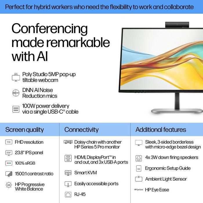 HP Series 5 Pro 23.8 inch FHD USB-C Conferencing Monitor - 524pm 2 HP Series 5 Pro 23.8 inch FHD USB-C Conferencing Monitor - 524pm 2