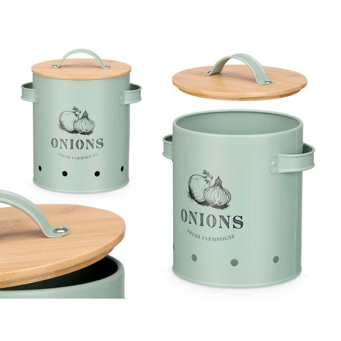 Kinvara Cebollero de Hierro para Almacenamiento de Cebollas con Tapa de Bambú Verde Menta 17.5x19.5x14 cm (6 Unidades) Kinvara Cebollero de Hierro para Almacenamiento de Cebollas con Tapa de Bambú Verde Menta 17.5x19.5x14 cm (6 Unidades)
