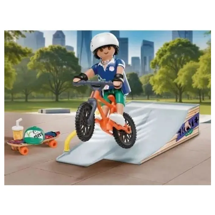 Playmobil Snowboarder con rampa y accesorios (bicicleta BMX, monopatín, casco, gorra, MP3)
