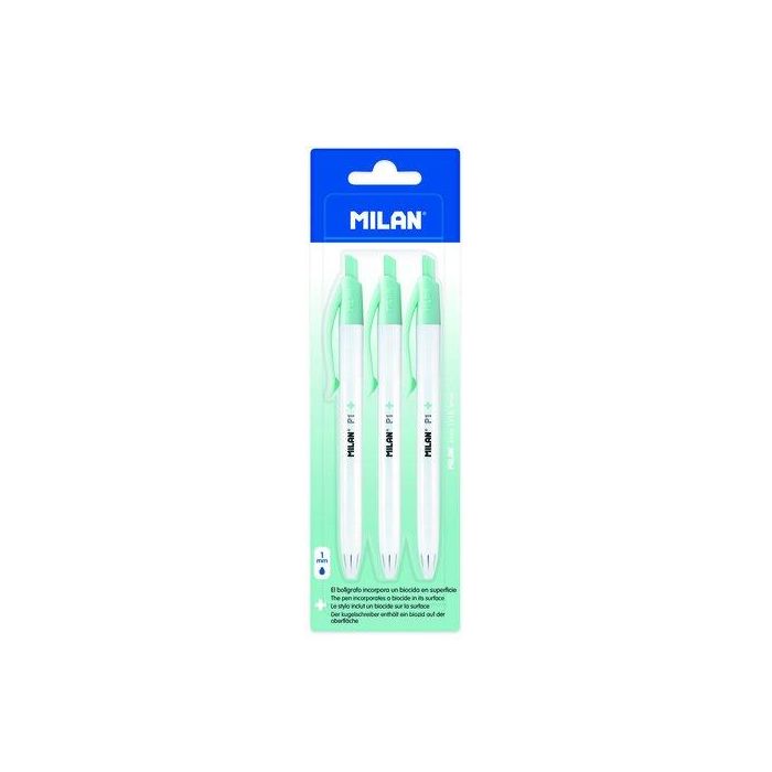 Boligrafo Milan Retractil P1 Antibacteriano Tinta Azul Blister De 3