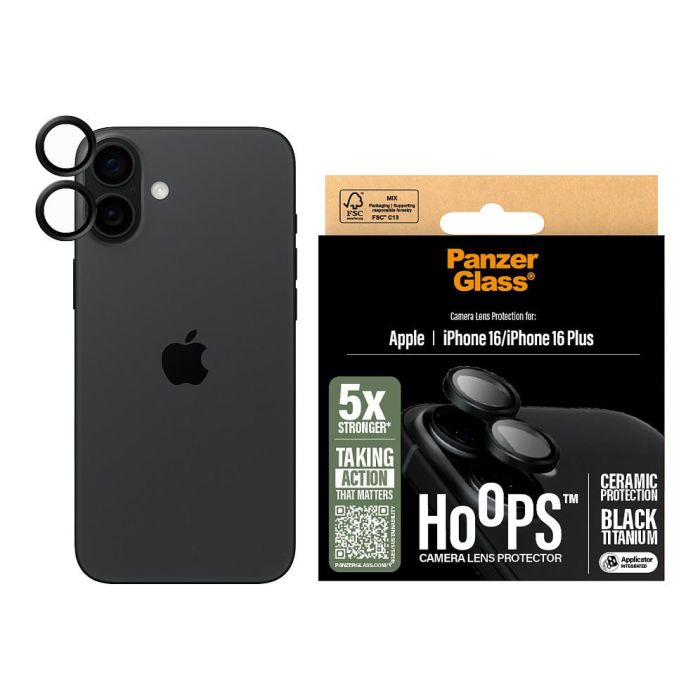 PanzerGlass Protector de Lente de Cámara Cerámico PanzerGlass Hoops para iPhone 16 y iPhone 16 Plus, Resistente a Rayones y Golpes, Aplicación en Seco, Negro 1