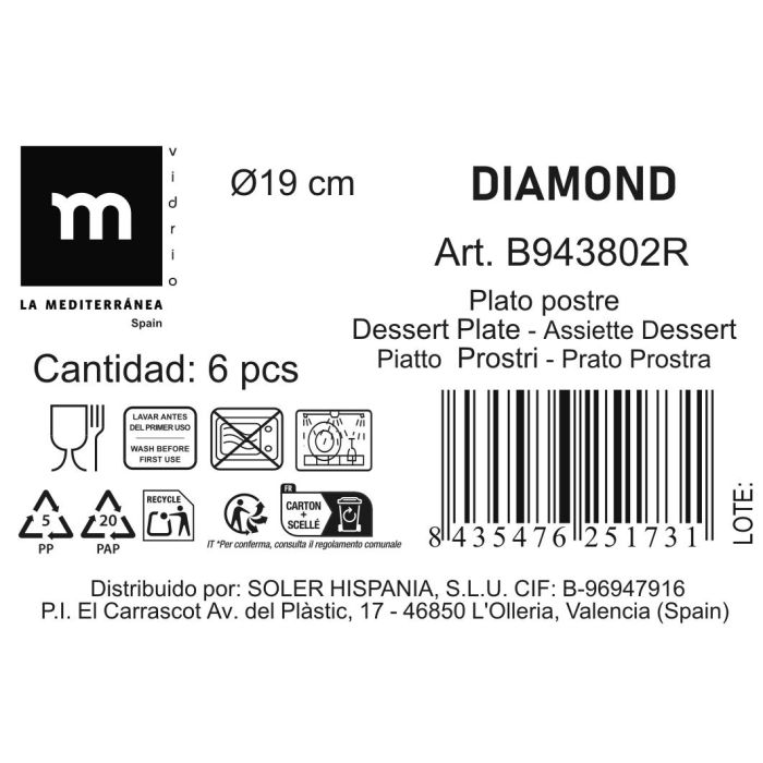 Plato Postre Diamond 19 cm - La Mediterranea (24 Unidades) 1 Plato Postre Diamond 19 cm - La Mediterranea (24 Unidades) 1