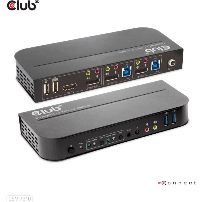 Club3D CSV-7210 KVM Switch 4K 60Hz 2 Puertos DP a HDMI o DP/2xUSB/Audio - Conexión de audio y Plug & Play