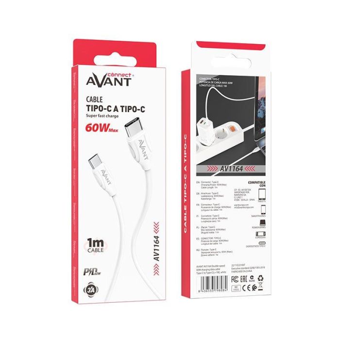 AVANT CONNECT Cable USB Tipo C a Tipo C PD 60W con Carga Rápida de 3A para Carga y Sincronización Rápida de Dispositivos