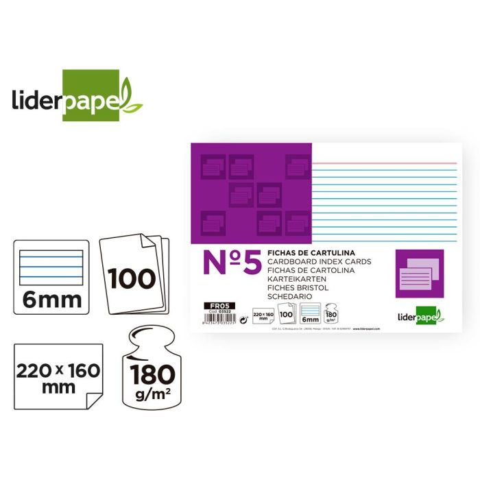 Ficha Liderpapel Rayada Nº5 160x220 mm 180 gr-M2 Paquete De 100 Unidades 1