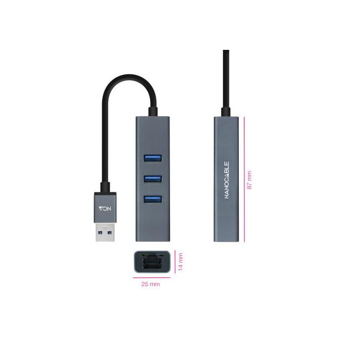 Nanocable Conversor USB 3.0 a Ethernet Gigabit + 3XUSB 3.0, 10.03.0407, Aluminio Gris