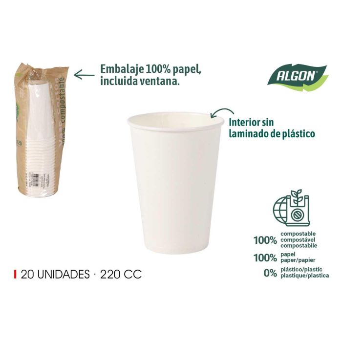 Set de 20 vasos blancos de cartón 220 cc Algon (20 Unidades) Set de 20 vasos blancos de cartón 220 cc Algon (20 Unidades)