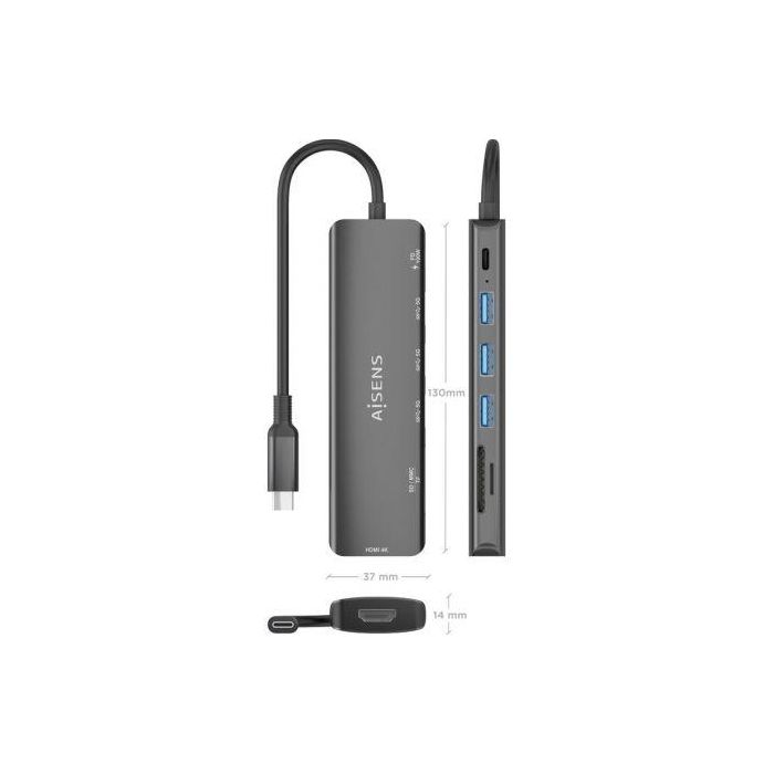Docking USB Tipo-C Aisens ASUC-7P025-GR/ 1xHDMI/ 3xUSB/ 1xUSB Tipo-C PD/ 1xLector Tarjetas/ Gris 3