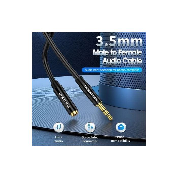 Vention BBZBF Cable de Extensión Estéreo Jack 3.5mm Macho a Jack 3.5mm Hembra 1 Metro Negro con Contactos Dorados 3