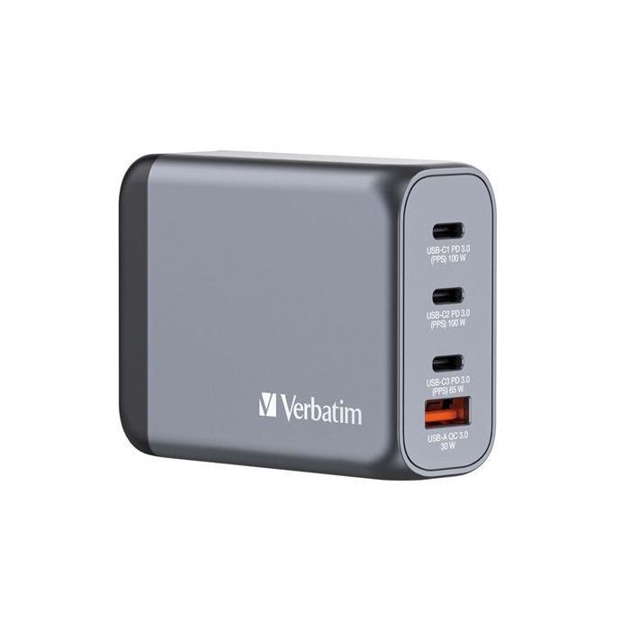 Verbatim GNC-100 Cargador de Pared Gan 100W con 1x USB-A 3.0 y 3x USB-C 3.0