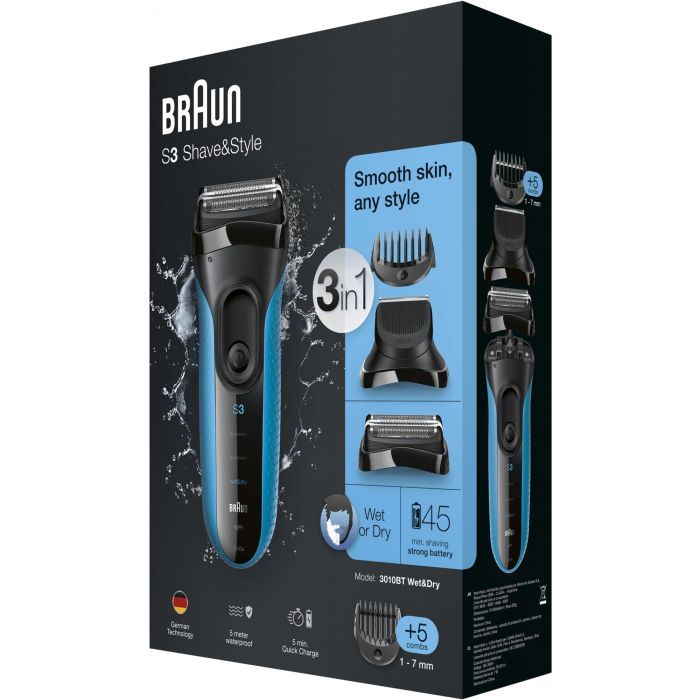 Afeitadora de barba eléctrica para hombre - BRAUN - Series 3 Shave & Style 3010BT - Tecnología Wet & Dry - Negro/Azul 6 Afeitadora de barba eléctrica para hombre - BRAUN - Series 3 Shave & Style 3010BT - Tecnología Wet & Dry - Negro/Azul 6
