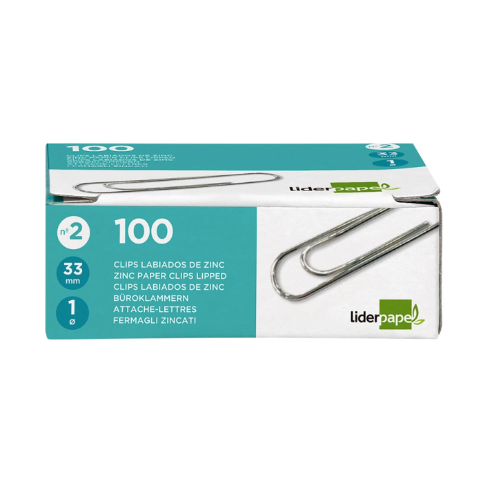 Liderpapel Clips nº2 Labiados 33 mm Caja 100 Unidades Calidad Extra Zinc 1