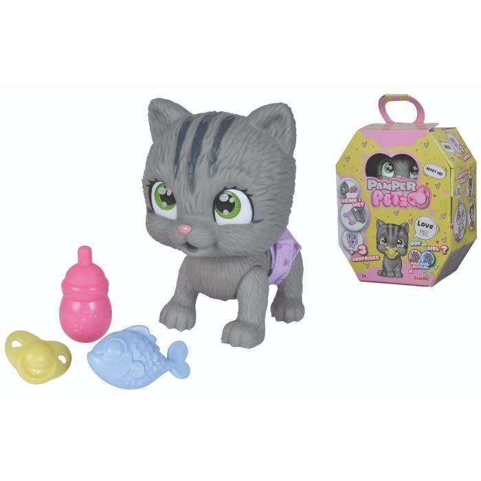 Smoby - Pamper Petz - Gato en adopción - 4 accesorios - Articulado - Bebe y orina - Certificado de adopción - A partir de 3 años