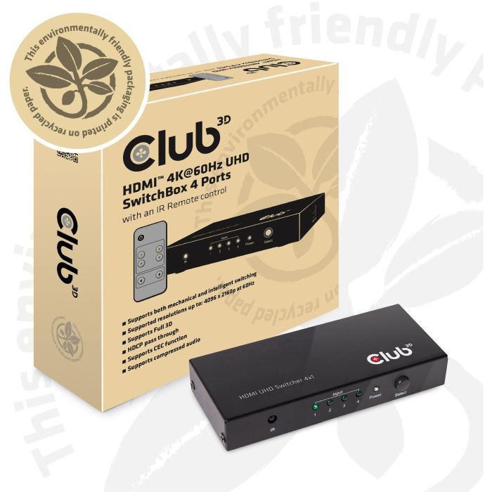 Club3D HDMI Switch Box 4 Entradas 1 Salida 4K Ultra HD 60Hz compatible con HDMI 2.0a, HDCP, con mando a distancia 2 Club3D HDMI Switch Box 4 Entradas 1 Salida 4K Ultra HD 60Hz compatible con HDMI 2.0a, HDCP, con mando a distancia 2