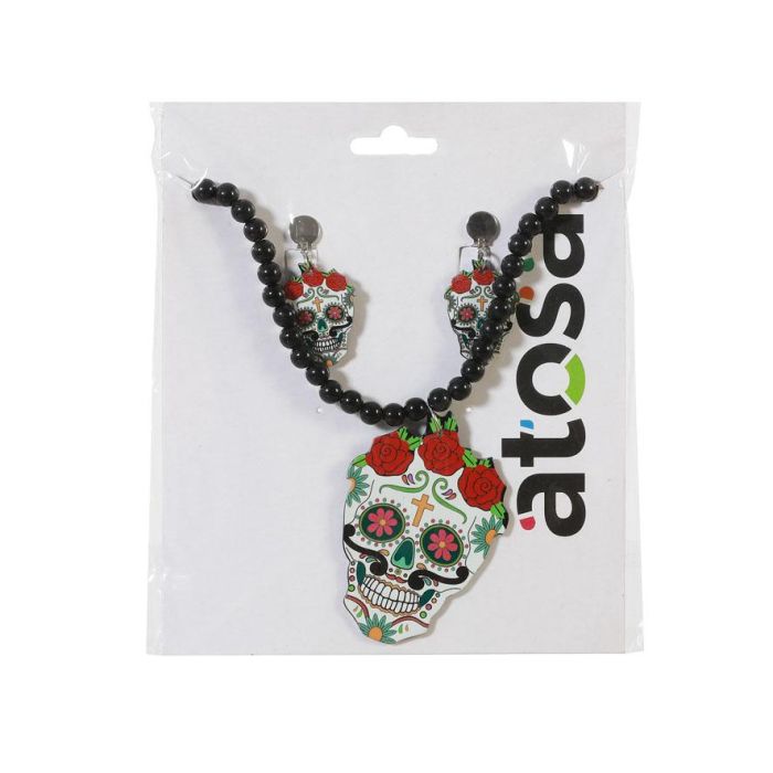 Set Collar y Pendientes Calavera Colorida Catrina - Accesorio Disfraz Mexicano Halloween 1