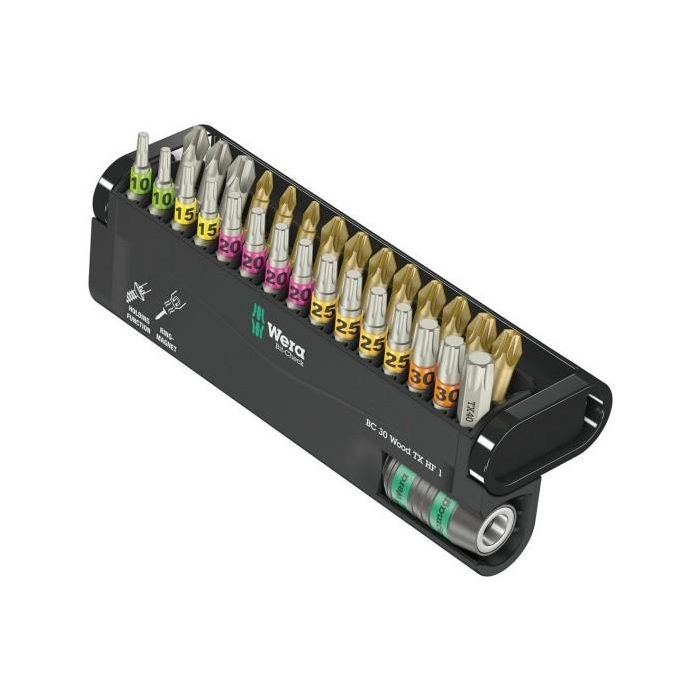 Wera 05057436001 Bit-Check 30 Wood. Juego de 29 puntas Phillips, Pozidriv y Torx. Con unidad de 1/4"