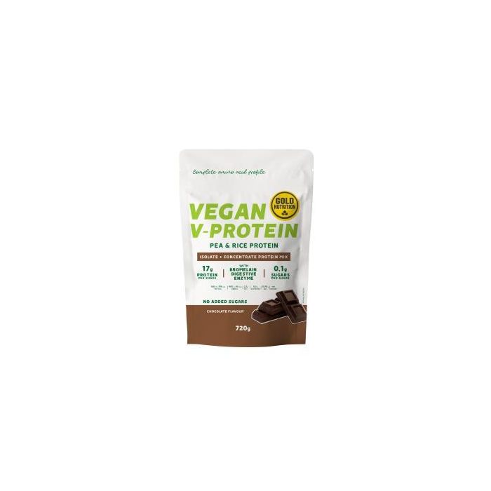 GoldNutrition V-Protein Proteína Vegana Guisante y Arroz Chocolate 720g. Sin Azúcares Añadidos con Bromelaína. Efecto Saciante