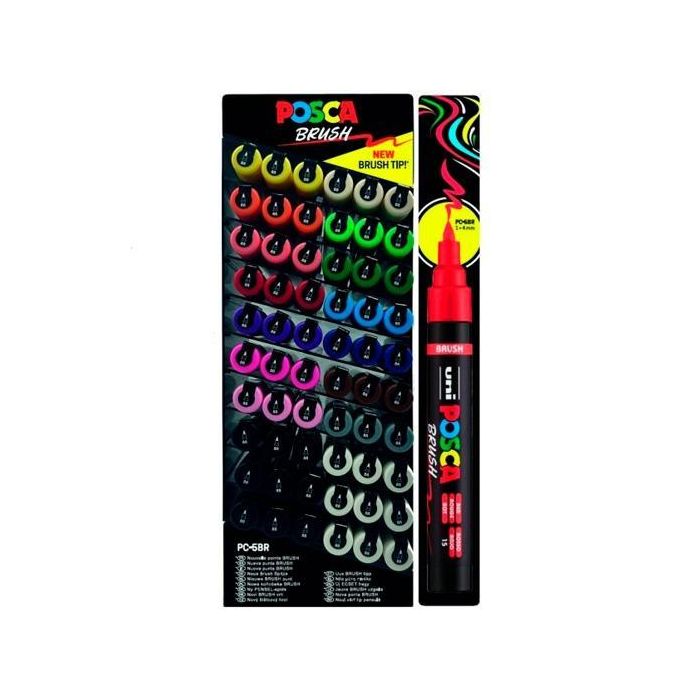 POSCA PC-5Br Marcador Brush Punta M Semiflexible, 16 Colores Surtidos, Expositor 60 Ud