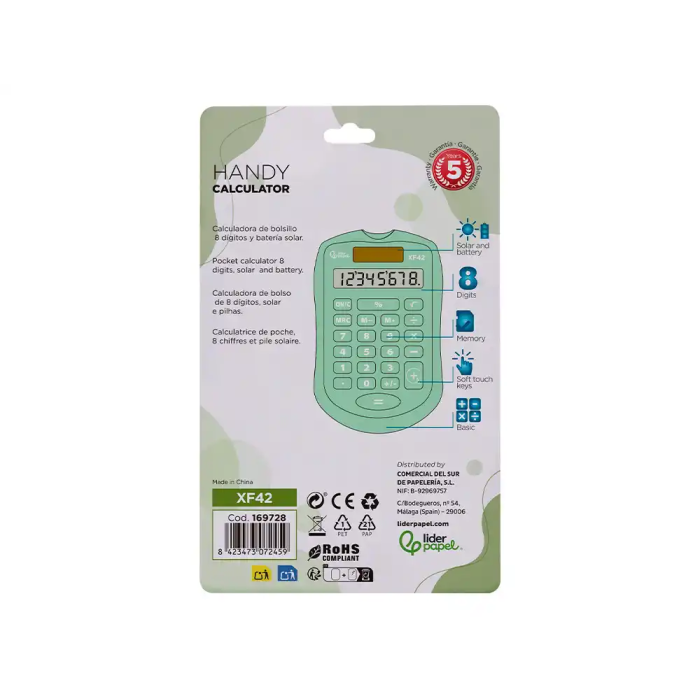 Liderpapel Calculadora Bolsillo XF42 8 Dígitos Solar y Pilas Color Verde 94x59,5x10,5mm 5
