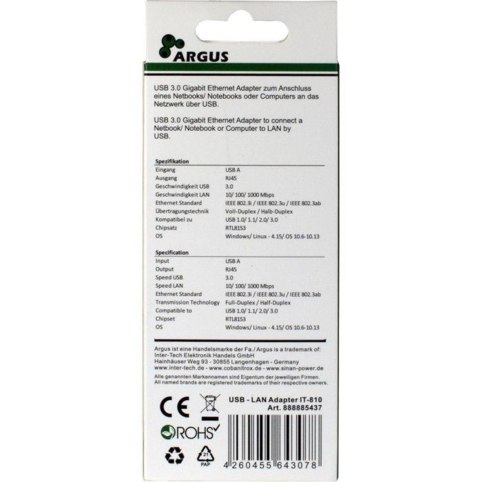 Inter-Tech ARGUS IT-810 Adaptador USB3.0 a RJ45 Gigabit Lan 1000 MBit/s Negro 3