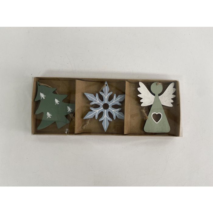 DKD Home Decor Decoración Colgante Navidad Moderna Set de 3 MDF Azul Verde Blanco 8 x 1.5 x 21 cm