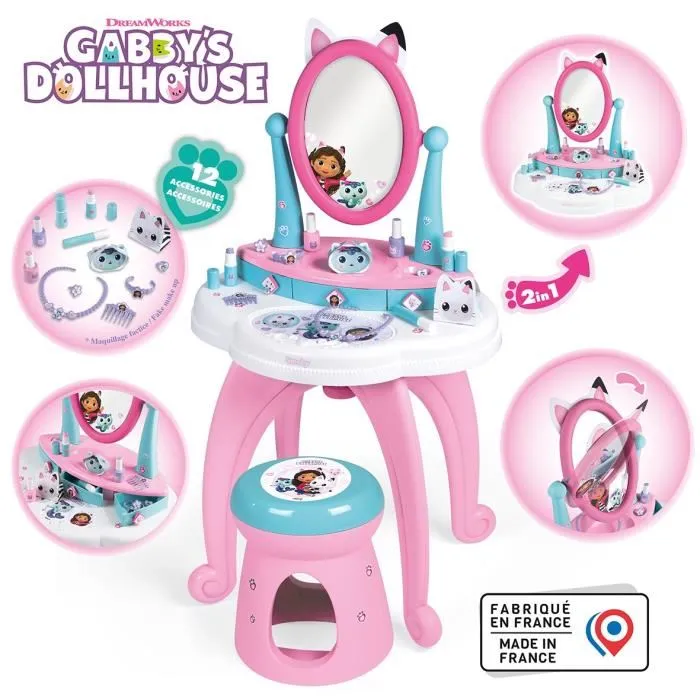 Smoby Gabby y la Casa Mágica Tocador Infantil 2 en 1 con Taburete y 12 Accesorios, Espejo Regulable