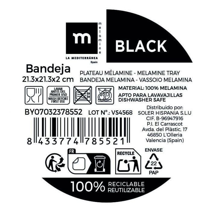 Bandeja Melamina Black 21.3 x 21.3 x 2 cm La Mediterran - Inde (12 Unidades) 1 Bandeja Melamina Black 21.3 x 21.3 x 2 cm La Mediterran - Inde (12 Unidades) 1