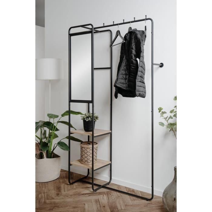 Mueble de recibidor - LUTON - Estructura metálica - Negro / Roble artesano - 100 x 185 x 37 cm - 2 estantes - 1 espejo 2 Mueble de recibidor - LUTON - Estructura metálica - Negro / Roble artesano - 100 x 185 x 37 cm - 2 estantes - 1 espejo 2