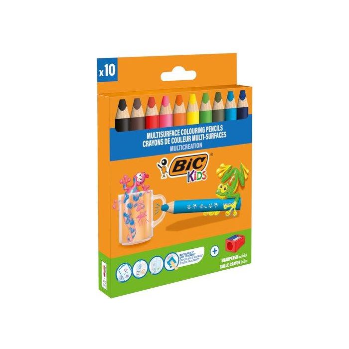 BIC Estuche lápices multisuperficie blister 10uds, triangular, 3 en 1, colorear, cera y acuareable, 515276