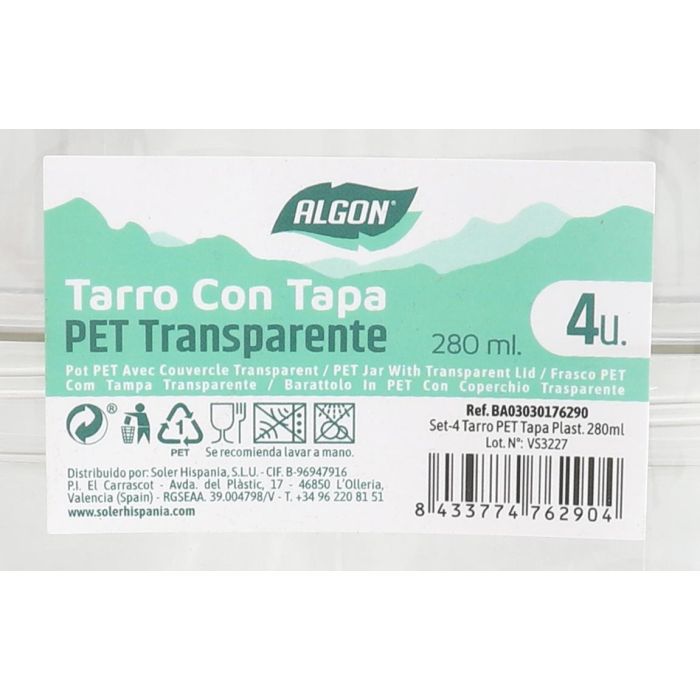 Set de 4 tarros PET con tapa plástica 280 ml - Algon (12 Cajas) 6 Set de 4 tarros PET con tapa plástica 280 ml - Algon (12 Cajas) 6