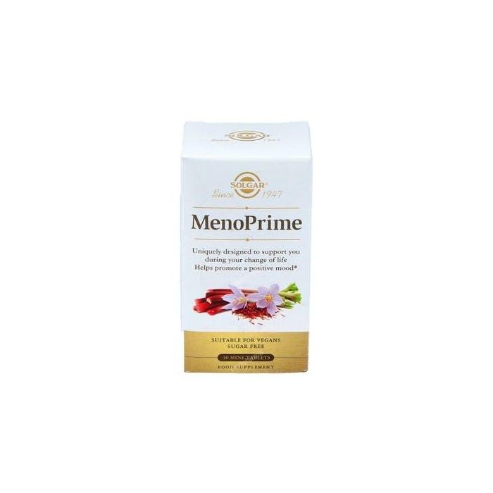 SOLGAR Meno Prime con Ruibarbo Siberiano ERr-731 y Azafrán affron, apoyo botánico no hormonal para menopausia, 30 Vegicaps