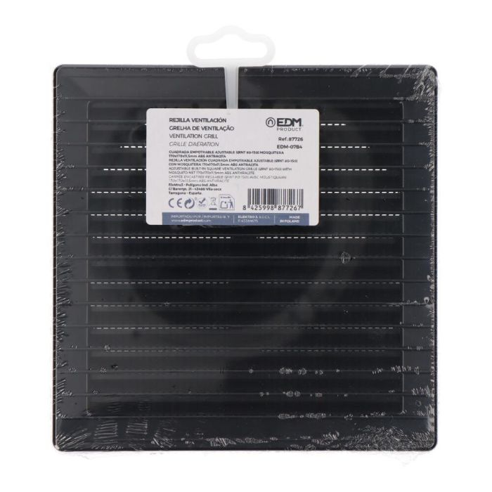 Edm Rejilla ventilación cuadrada ajustable con mosquitera ø 80-150mm, 170x170x11,5mm ABS Gris antracita 2