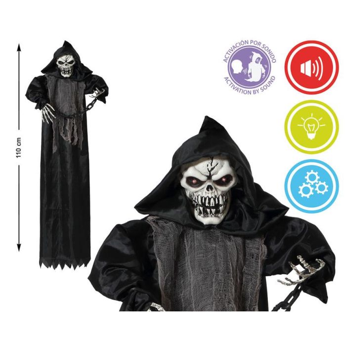 Calavera Colgante con Capucha Negra - Luz, Sonido y Movimiento Activado por Ruido - 110 cm - Decoración Halloween Siniestra