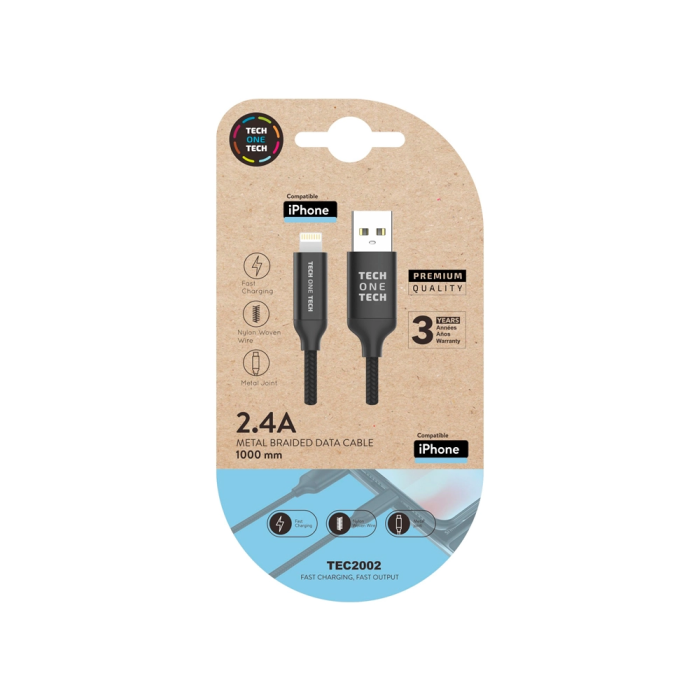 Cable Tech-One-Tech Usb-Lightning Alto Rendimiento 2,4A Negro 1 M. 1