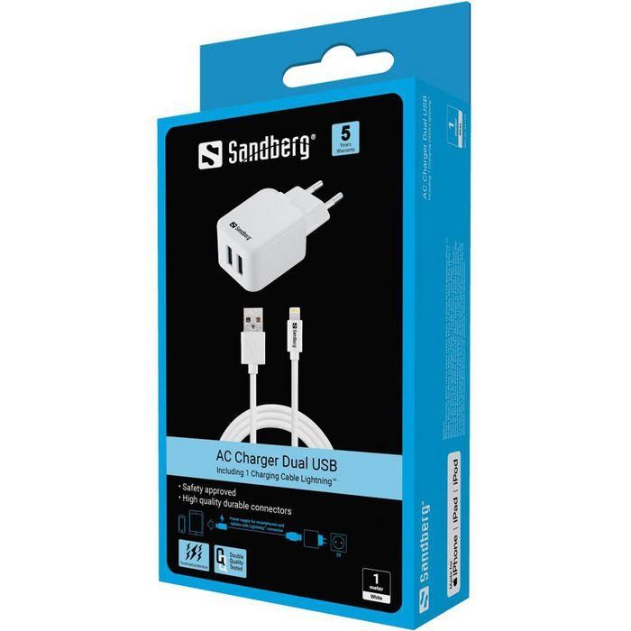 Sandberg Cargador de Pared AC Lightning 2.4A para Smartphone y Tablet con Enchufe EU - Compatible con iPhone y iPad 1