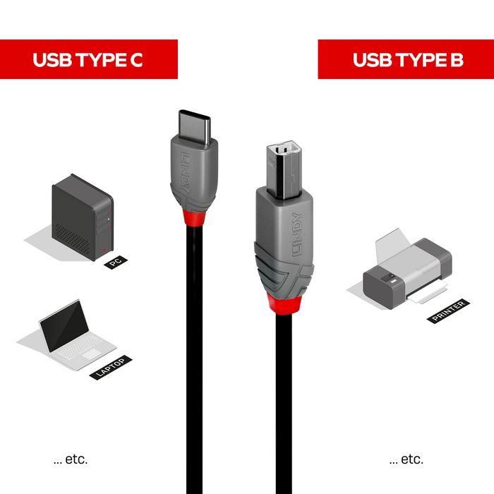 Lindy 0.5m USB 2.0 Type C to B Cable, Anthra Line 2 Lindy 0.5m USB 2.0 Type C to B Cable, Anthra Line 2