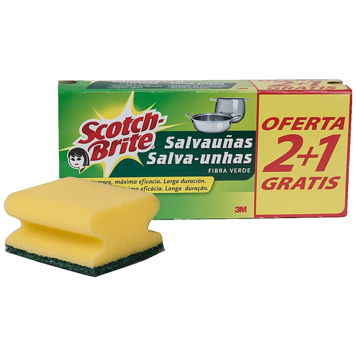 Scotch Brite Estropajo Salvauñas Fibra Verde Paquete 2+1 Gratis 1