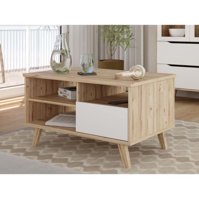 VANKKA VANKCFTT5218L25 Mesa de Centro Rectangular - Roble / Blanco Mate - Patas de Madera - 90x60x51,8 cm 1 VANKKA VANKCFTT5218L25 Mesa de Centro Rectangular - Roble / Blanco Mate - Patas de Madera - 90x60x51,8 cm 1
